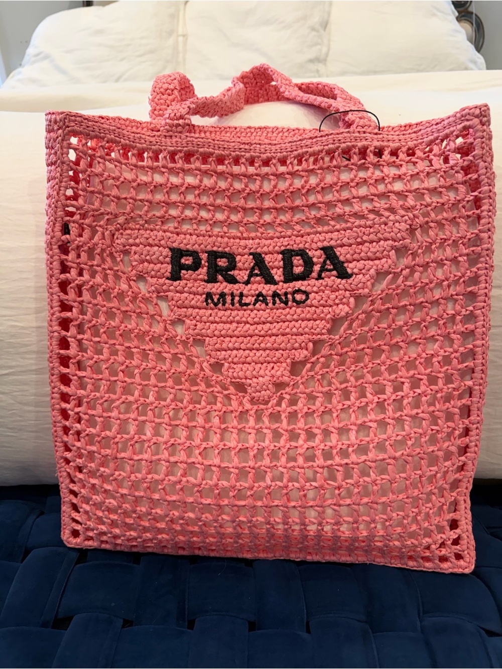💓NWT Prada Raffia Tote Shopping Bag Beach Purse Crochet Shoulder Triangle Logo - Picture 9 of 11